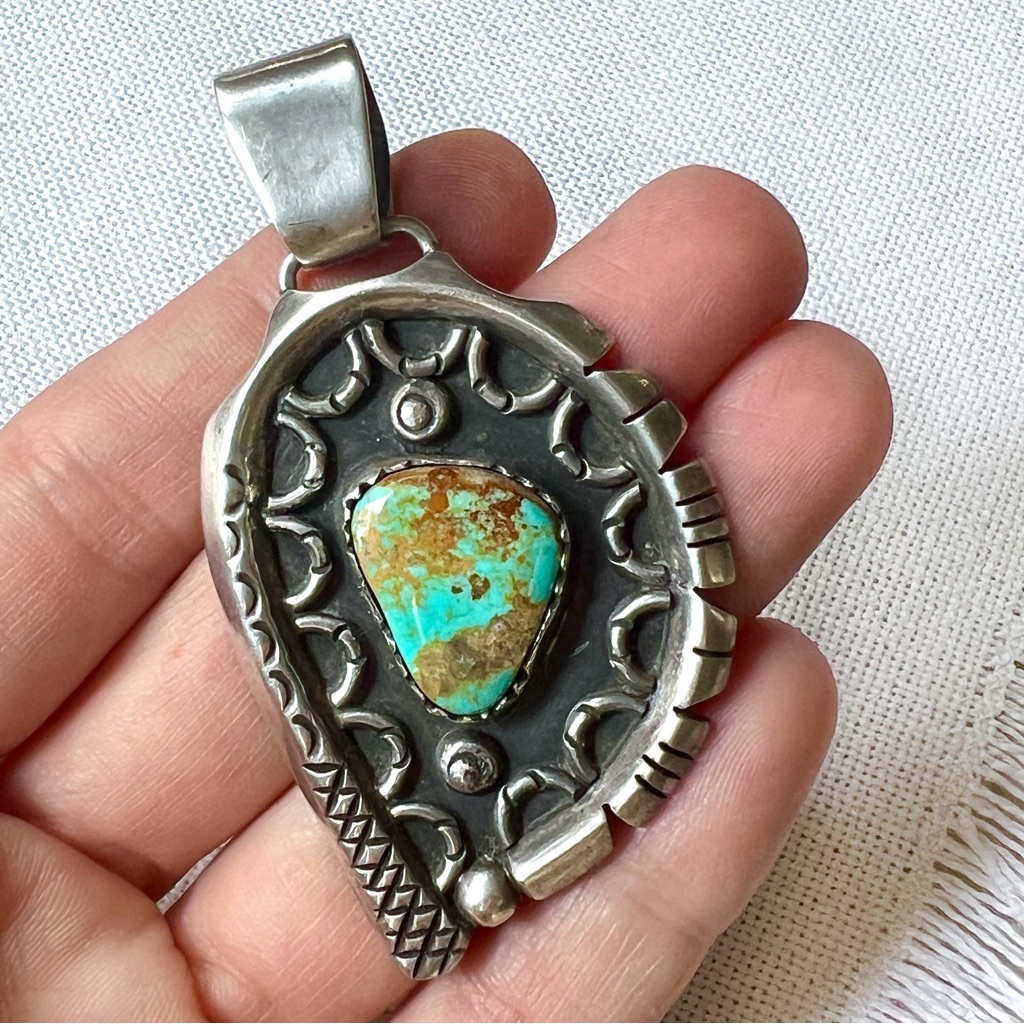 Vintage Native Large Turquoise Sterling Silver Southwestern Abstract Pendant